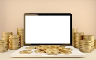 laptopcomputer met geld coins.concept voor internetmarketing of online business.3d rendering foto