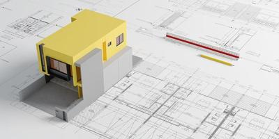 blauwdrukplannen en geel huismodel met schaalliniaal en pencil.architect concept.3d rendering foto