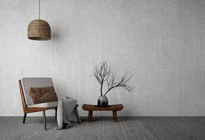 wabi-sabi stijl interieur mockup met stoel, tafel, vaas en vloerlamp op grunge muur background.3d rendering foto