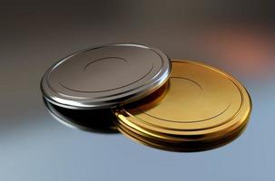 3D gouden en zilveren medailles of schijven die samen op een spiegelend oppervlak liggen foto