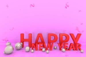 rode gelukkig nieuwjaar typografie met kerst bal en confetti op roze achtergrond., 3D-rendering. foto