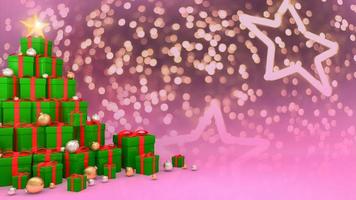 groene geschenkdozen met rode linten in de vorm van een kerstboom op lichte bokeh-achtergrond, 3D-rendering. foto