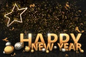 gouden gelukkig nieuwjaar typografie met kerstbal en confetti goud op lichte bokeh achtergrond., 3D-rendering. foto