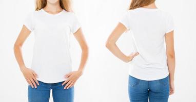 bijgesneden portret voor- en achterkant weergaven vrouw, meisje in t-shirt geïsoleerd op een witte achtergrond, set t-shirt foto