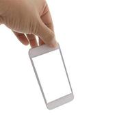 hand met mobiele telefoon show geïsoleerd op een witte achtergrond foto