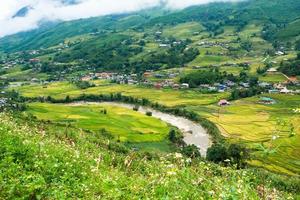 rijstveld met rivier in vallei bij stamdorp foto