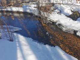 lentedag in het Russische dorp sneeuwput blauwe lucht foto