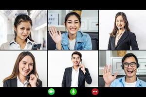 videoconferentie facetime schermmonitor, online vrienden ontmoeten, collega's die op afstand werken, virtueel communicatie modern tech concept, online werken of technologieconcept foto