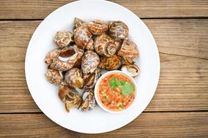 vers gevlekte babylon zeeschelp limpet oceaan gastronomische zeevruchten in het restaurant, babylonia areolata schelpdieren zeevruchten op witte plaat met zeevruchten saus op tafel achtergrond foto