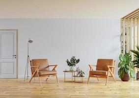 lederen fauteuil in modern appartement interieur met lege muur en houten tafel. foto