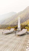 achtergrond van minimaal loungeterras in de buitenlucht en bankbank met uitzicht op de bergen, 3D-illustratieweergave foto