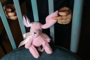 kinderhanden houden een klein zacht konijnenspeelgoed vast. sociale advertentie. foto