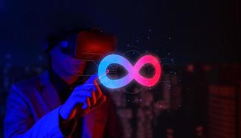 virtual reality oneindigheidssymbool gemeenschapsverbinding van metaverse wereld wereldwijd netwerktechnologiesysteem en abstract lustekenelement op innovatie digitale communicatie foto