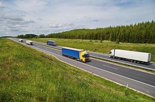 vrachtwagens rijden op een asfalt snelweg tussen bloemenweiden