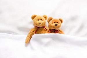 teddybeerpop liggend in het witte bed foto