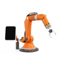 oranje robotarm met touch panel monitor op witte achtergrond