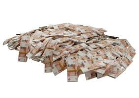 stapel Russische contant geld of bankbiljetten van Russische roebels verspreid op een witte achtergrond geïsoleerd het concept van economie, financiën, achtergrond, nieuws, sociale media en textuur van geld 3D-rendering foto