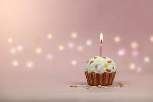 gelukkige verjaardag cupcake en boog kaars op roze achtergrond met kopie ruimte. schattig eten gelukkige verjaardag achtergrond concept foto