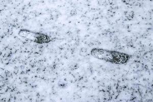 voetstappen van mannelijke schoenen in verse witte sneeuw in de winter foto