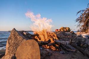 vreugdevuur met brandend brandhout op het strand in de avond tegen heldere hemel foto