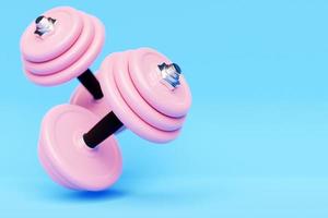 3D render illustratie van een halter met roze platen, geïsoleerd op een blauwe achtergrond. creatief begrip. foto