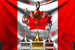 treble clef awards voor het winnen van de muziekprijs tegen de achtergrond van de nationale vlag van canada, 3d illustratie. foto