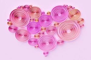3D-afbeelding van een volumetrisch veelkleurig hart gemaakt van cirkel op een roze achtergrond. origimi-ambachten. valentijn begroeting concept foto