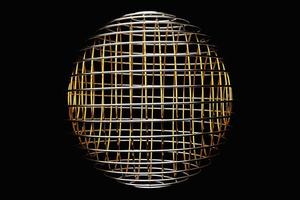 3D-afbeelding van een gouden metalen bal met veel gezichten op een zwarte achtergrond. cyber bal bol foto