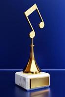 gouden muziekprijs met een notitie op een blauwe achtergrond, 3d illustratie foto