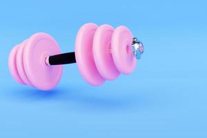 3D illustratie metalen roze halter met schijven op blauwe achtergrond. fitness- en sportuitrusting foto