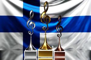 treble clef awards voor het winnen van de muziekprijs tegen de achtergrond van de nationale vlag van finland, 3d illustratie. foto