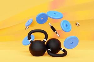 twee zware blauwe metalen kettlebells en een gedemonteerde halter met platen op een gele achtergrond. het concept van succesvolle training en verbeteringen in sport. 3d illustratie foto