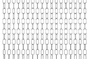 3d illustratie van rijen van zilverachtige metaalkettingen. set kettingen op een witte achtergrond. geometrisch patroon. technologie geometrie achtergrond