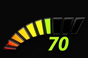 3d illustratiecontrolebordpictogram met indicator 70. normaal risicoconcept op snelheidsmeter. kredietbeoordelingsschaal foto