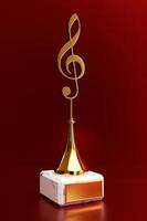 gouden muziekprijs met een solsleutel op een rode achtergrond, 3d illustratie foto