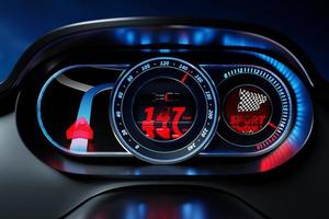 3D illustratie van nieuwe auto interieur details. de snelheidsmeter geeft de maximale snelheid aan van 147 km h, de toerenteller met rode achtergrondverlichting, de navigator wijst de weg foto