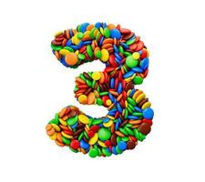 cijfer 3 van veelkleurige regenboog snoepjes feestelijk geïsoleerd op een witte achtergrond drie letter 3d illustratie foto