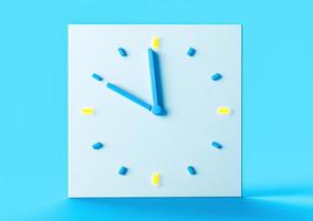 vooraanzicht minimale klok in vierkante vorm geïsoleerd op blauwe achtergrond met verlichte tijd 10 uur en 5 minuten 3d illustratie foto