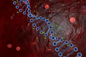 gestileerd 3D-beeld van een dna-molecuul en rode bloedcellen onder een microscoop, geïnfecteerd met virussen en bacteriën foto