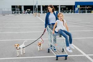 buitenopname van gelukkige moeder en haar dochtertje lopen met honden aan de lijn, dragen kar, keren terug van winkelcentrum, hebben vrije tijd tijdens vrije dag. familie, huisdieren en aankopen doen. foto