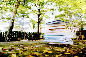 boeken op houten tafel in het park in de herfst. foto