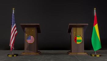 vlaggen van de VS en Guinea-Bissau. vlag van de vs en guinea-bissau. onderhandelingen in de VS en Guinee-Bissau. podium voor toespraken. 3D-werk en 3D-beeld foto