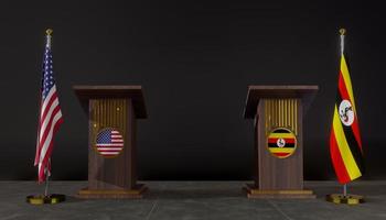 usa en ganda vlaggen. vlag van de vs en ganda. VS en Ganda onderhandelingen. podium voor toespraken. 3D-werk en 3D-beeld foto