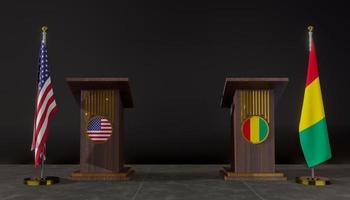 vlaggen van de VS en Guinea. vlag van de vs en guinea. VS en Guinea onderhandelingen. podium voor toespraken. 3D-werk en 3D-beeld foto