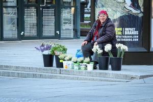 Vilnius, Litouwen. 06 juni 2022 - oude vrouw verkoopt bloemen op straat foto