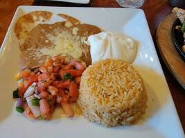 Mexicaans eten rijst en bonen en salsa op bord foto