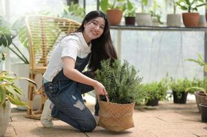 jonge vrouw die voor bomen zorgt, apparatuur voor planten en verzorgen, planten in kassen, kleine bedrijven. foto