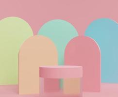 3D-abstracte minimalistische geometrische vormen. pastelgradiënten luxe podium voor uw ontwerp in trendy. modeshow podium, voetstuk, etalage met kleurrijk thema. foto