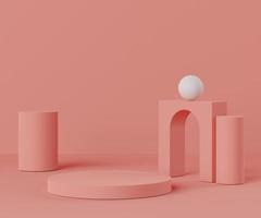 3D-abstracte minimalistische geometrische vormen. roze koraal luxe podiumdisplay voor uw ontwerp. modeshow podium, voetstuk, etalage met kleurrijk thema. foto