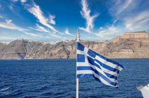 panoramisch overzicht van santorini, thira, griekenland, over de caldera, Egeïsche zee. foto